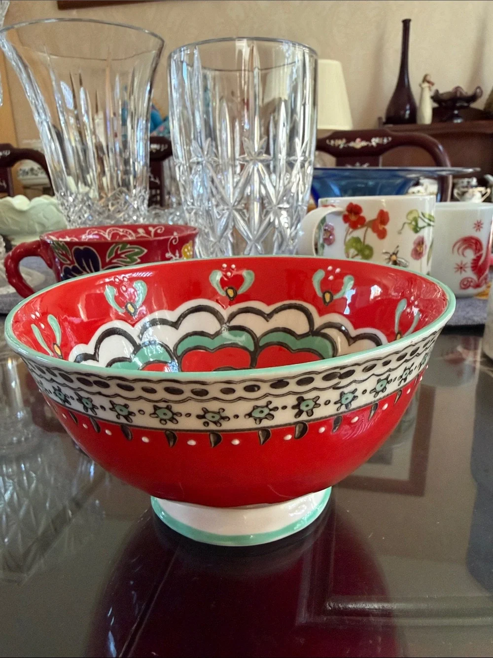 Anthropologie Red and Mint Hand-Painted Ceramic Serving Bowl